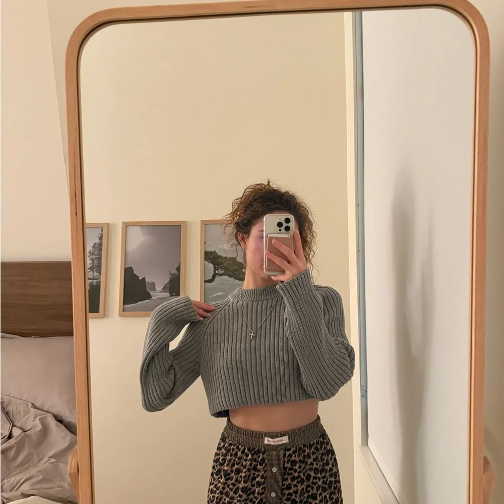 Zara Gray Ribbed Cropped Knit Top - Picture 6 of 6